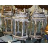 LANTERNS, a set of three, distressed gilt finish, 56cm H. (3)