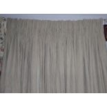 CURTAINS, two pairs, cream and green in a raised woven stripe fabric, lined and interline, 105cm W x