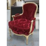BERGERE, Louis XV style cream painted with cushion seat in red plush, 70cm W. (slight faults)