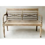 VERANDAH BENCH, weathered teak with carved back and slatted seat, 115cm W.