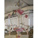 CHANDELIER, three branches, Murano glass with pink floral detail, 67cm H x 42cm W.