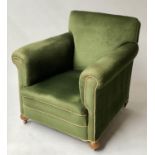 ARMCHAIR, Victorian mahogany framed with royal green velvet upholstery, rope trim and scroll arms,