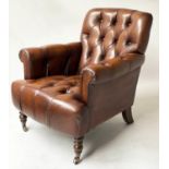 CLUB ARMCHAIR, vintage Howard style buttoned hand dyed leather with turned front supports, 80cm W.