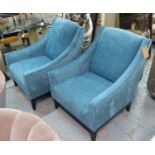 ARMCHAIRS, a pair, contemporary blue fabric finish, with patterned detail, 76cm x 80cm x 93cm