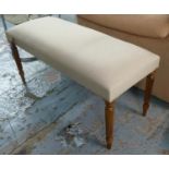 WINDOW SEAT, turned fluted supports, neutral upholstered, 98cm x 40cm x 49cm.