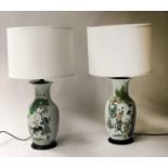 LAMPS, a pair, early 20th century Chinese vase form ceramic green and white with script and