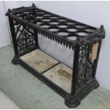 STICK STAND, Victorian Gothic revival black painted cast iron, 97cm x 35cm x 61cm.