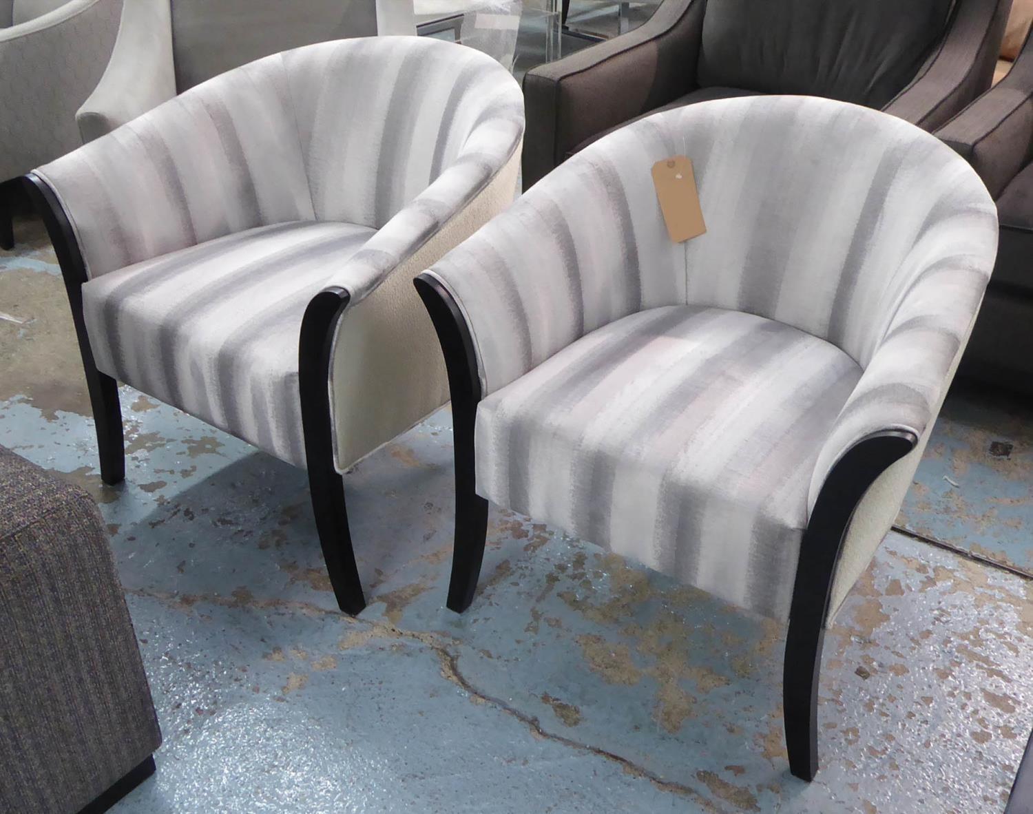 TUBCHAIRS, a pair, contemporary striped velvet finish, 72cm W. (2)