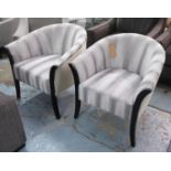 TUBCHAIRS, a pair, contemporary striped velvet finish, 72cm W. (2)