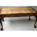 LIBRARY TABLE, early 20th century English Queen Anne style figured walnut with tooled light tan