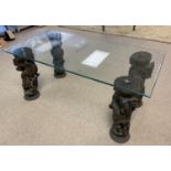 LOW TABLE, Asian bronze supports with a rectangular glass top, 40cm H x 90cm x 45cm.