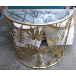 DEMI LUNE CONSOLE TABLE, gilt metal, mirrored top, 86cm x 35cm x 77cm.