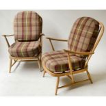 ERCOL ARMCHAIRS, a pair, vintage beech and bentwood framed with stick backs and splay supports, 72cm