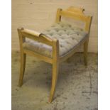 STOOL, Regency style cream painted with light green velvet buttoned seat, 62cm H x 75cm x 37cm.