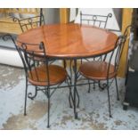 CONSERVATORY TABLE, circular hardwood and wrought metal, 76cm H x 107cm D and a set of four matching