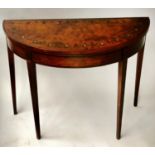 CARD TABLE, George III demilune satinwood and foliate painted with foldover baize lined top and