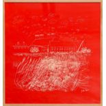 JOHN PIPER 'Snape Maltings', red screenprint, signed in the plate, 85cm x 80cm, framed and glazed.