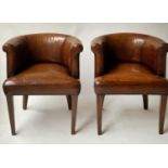 LIBRARY ARMCHAIRS, a pair, tub form with rounded backs, in stitched hand dyed tobacco leaf brown