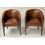 TUB ARMCHAIRS, a pair, hand dyed tobacco brown leather with rounded back and arms, by Morgan & Co,