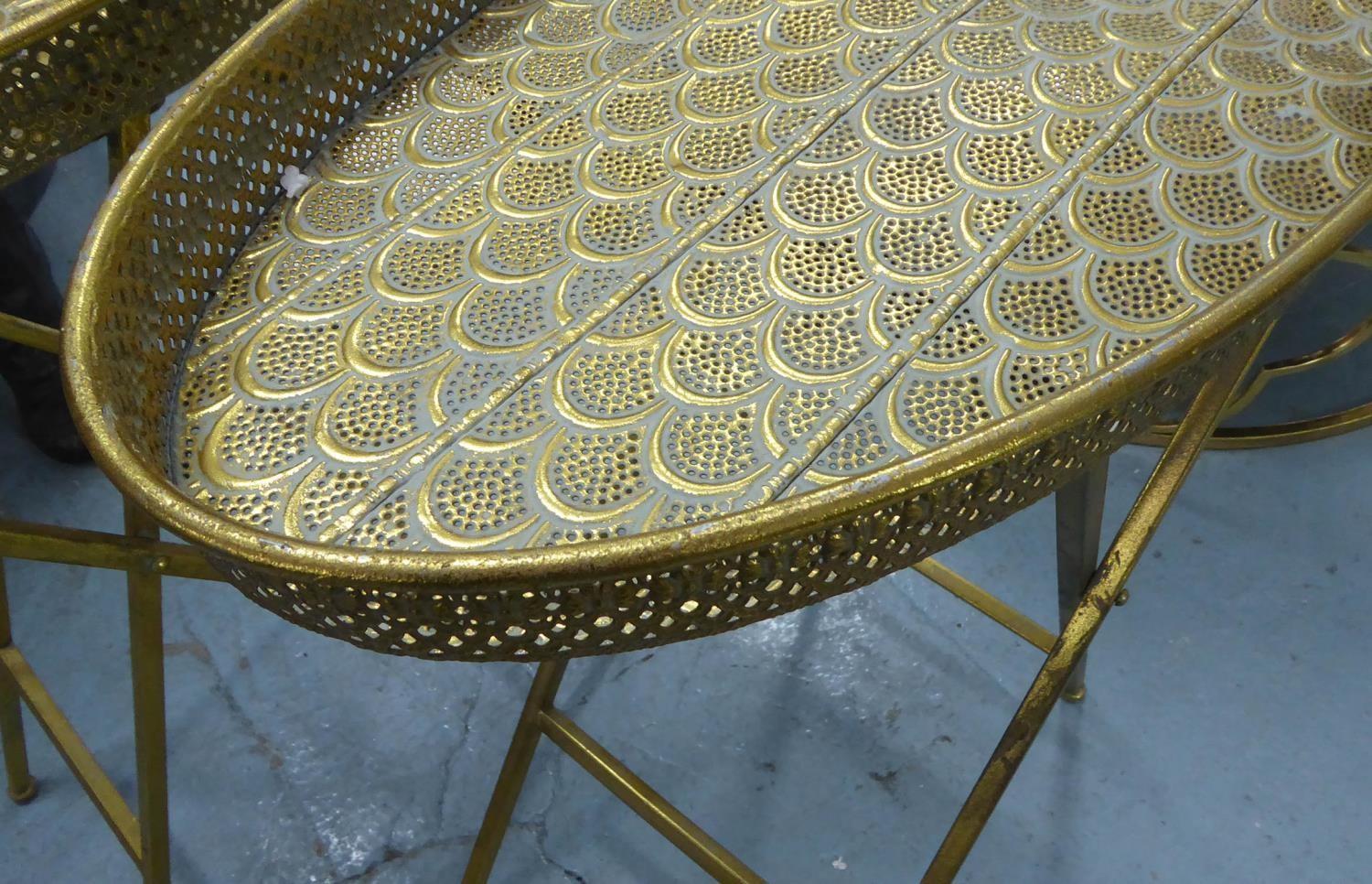 SIDE TABLES, a pair, gilt metal with feather pattern design, 64cm x 34cm x 68cm. (2) - Image 3 of 3