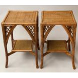 OCCASIONAL LAMP TABLES, a pair, rattan and cane woven each square with panelled top and undertier,