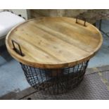 LOG BASKET, contemporary wire work design, with tray top, 78cm diam x 51cm H.