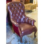 ARMCHAIR, Victorian mahogany in buttoned burgundy leather and crushed red velvet, 72cm W.