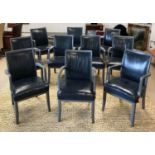 DINING CHAIRS, a set of ten, blue leather with grey painted mahogany frames, each back inscribed