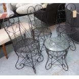 GARDEN SET, French style wire work, including three chairs 90cm H and side table. (4) (slight