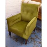 EDWARDIAN SLIPPER ARMCHAIR, leaf green velvet with a buttoned upholstered back and inner sides on