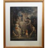 GEORGE MORLAND 'Figures and Performing Dogs' coloured engraving, 51cm x 40cm, framed.