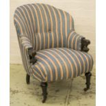 BERGERE, Napoleon III ebonised in striped blue fabric, 61cm W.