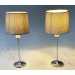 LAMPS, a pair, with chrome pillars and grey tweed shades, 51cm H. (2)