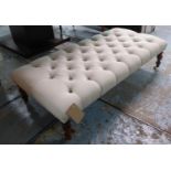 HEARTH STOOL, buttoned neutral upholstery, 122cm x 62cm x 32cm.