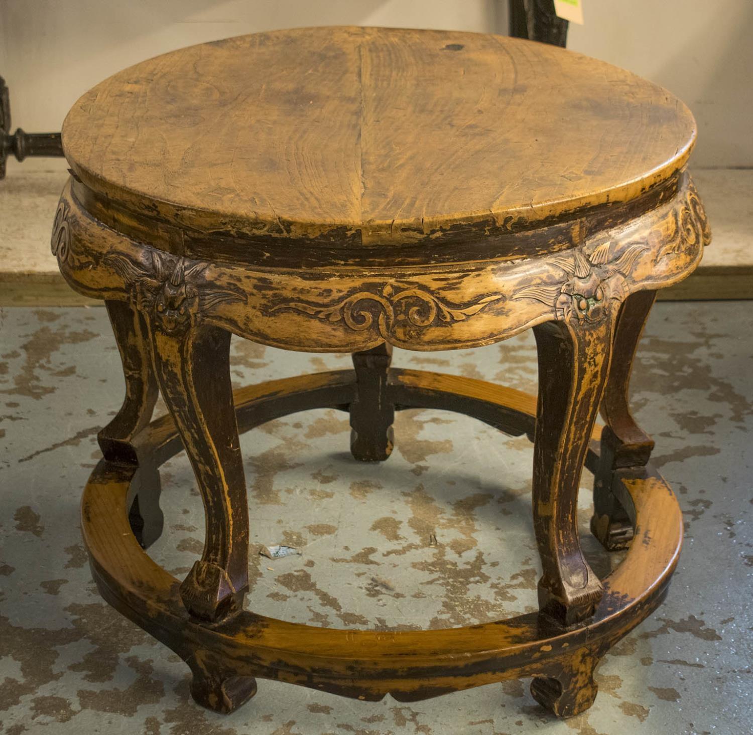 CENTRE TABLE, 19th century Chinese elm with a circular top, 82cm diam x 69cm H. (with faults)