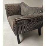 CHAISE/SOFA, contemporary striped with shaped back and scroll arms, 155cm W.