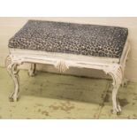 STOOL, Georgian style white painted with blue chenille leopard spot upholstery, 71cm W x 42cm D.