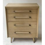 LEBUS CHEST OF DRAWERS, 1970's segmented oak with four long drawers and splay supports, 98cm H x