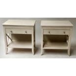 LAMP TABLES, a pair, Biedermeier style traditional grey painted each with a frieze drawer and x