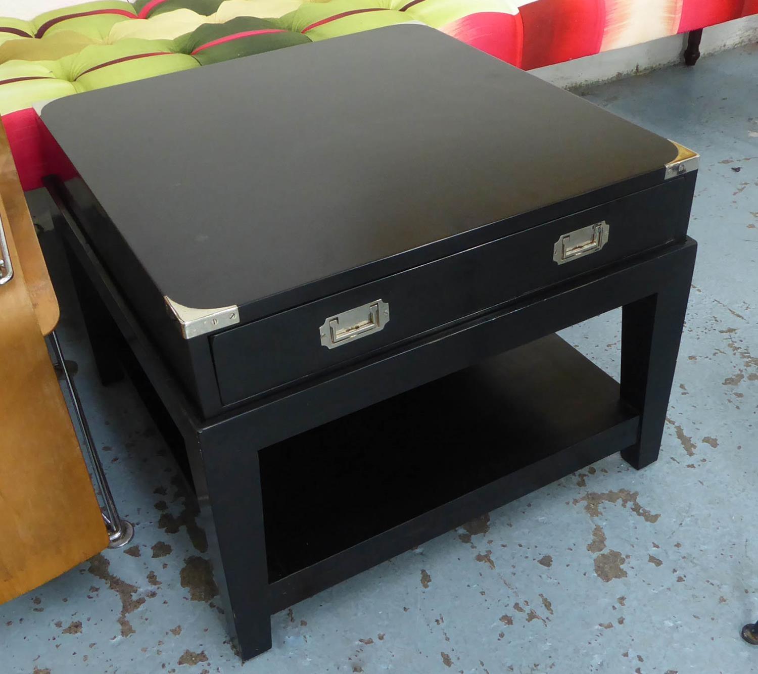 SIDE TABLES, campaign style, ebonised finish with one drawer each, 67cm x 67cm x 50.5cm. (2)