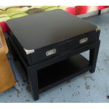SIDE TABLES, campaign style, ebonised finish with one drawer each, 67cm x 67cm x 50.5cm. (2)