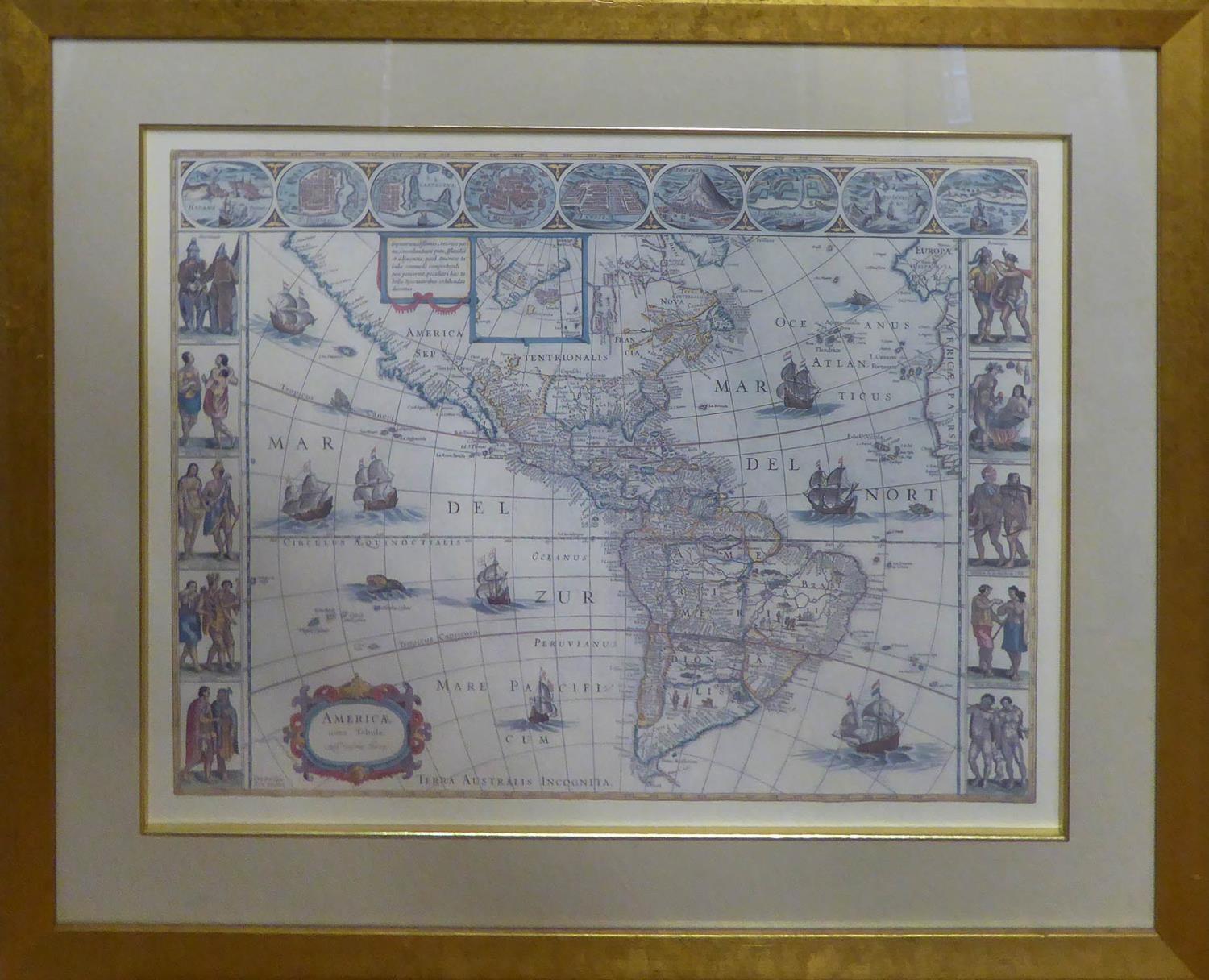 MAPS OF THE WORLD, EUROPE, AFRICA AND AMERICAS, a set of four prints in colours, 62cm x 76cm, framed