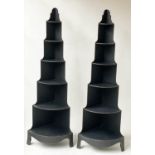 WATERFALL CORNER STANDS, a pair, ebonised and gilt lined of six graduating tiers, 183cm H x 61cm W.