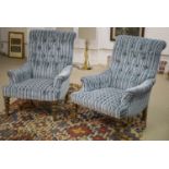 ARMCHAIRS, a pair, Victorian style beechwood in Colefax and Fowler striped blue velvet on brass