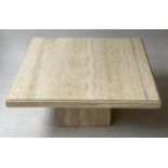 LOW TABLE, 1970's travertine marble square with square plinth, 100cm x 100cm x 42cm H.