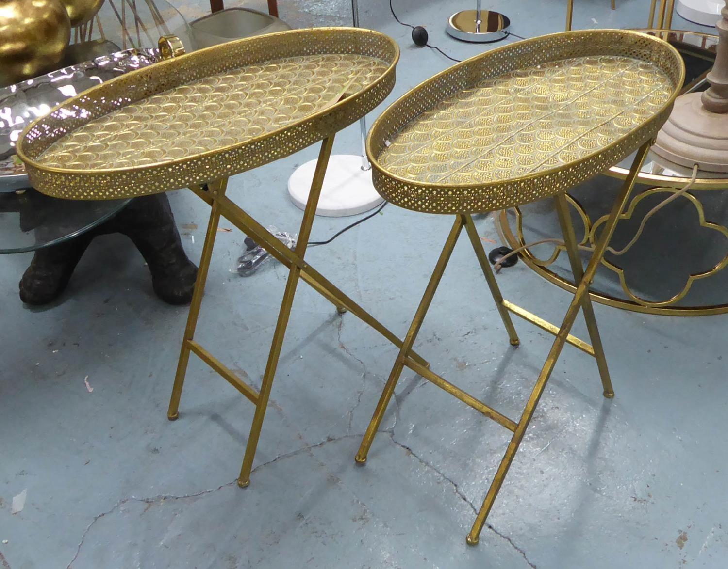 SIDE TABLES, a pair, gilt metal with feather pattern design, 64cm x 34cm x 68cm. (2)