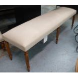 HALL SEAT, with turned reeded supports and neutral upholstered, 152cm x 40cm x 48cm.
