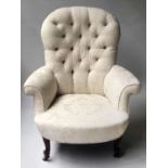 SLIPPER ARMCHAIR, Victorian walnut parchment brocade deep button upholstered with shaped front