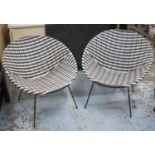 BASKET CHAIRS, a pair, mid 20th century black and white wicker with metal legs, 63cm H x 65cm W. (2)