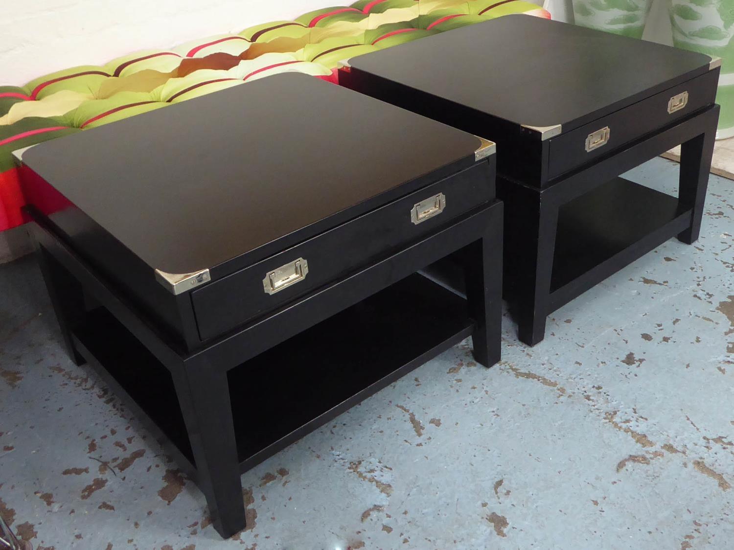 SIDE TABLES, campaign style, ebonised finish with one drawer each, 67cm x 67cm x 50.5cm. (2) - Image 4 of 4